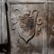 Northern partition wall of the presbytery, detail with the Bishop’s throne relief. Condition before conservation (photo by Natalija Vasić, 2012, Croatian Conservation Institute Photo Archive)