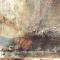 Detail of the pre-existing condition of the lower left corner of the painting. Visible is marked instability of the paint layer which threatened to fall off, even at the slightest maneuvering. 