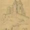 Brinje, Stari grad Sokolac, pogled na kapelu Svetog Trojstva i Frankopansku kulu s jugoistoka (crtež: Martin Pilar, 1885.)